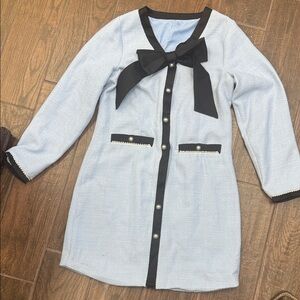 Elegant Light Blue Dress with Black Pearl button Accents